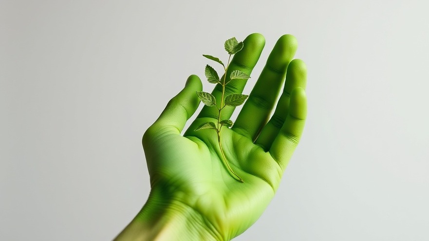 Hand-painted in bright green holding a small green plant, showcasing sustainable practices.