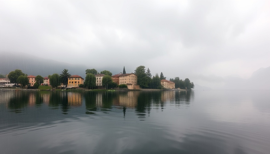 Lake Como on a rainy day, lush landscape and reflections.