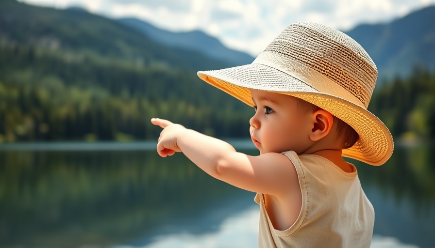 Adorable baby by a lake during sustainable family holidays.