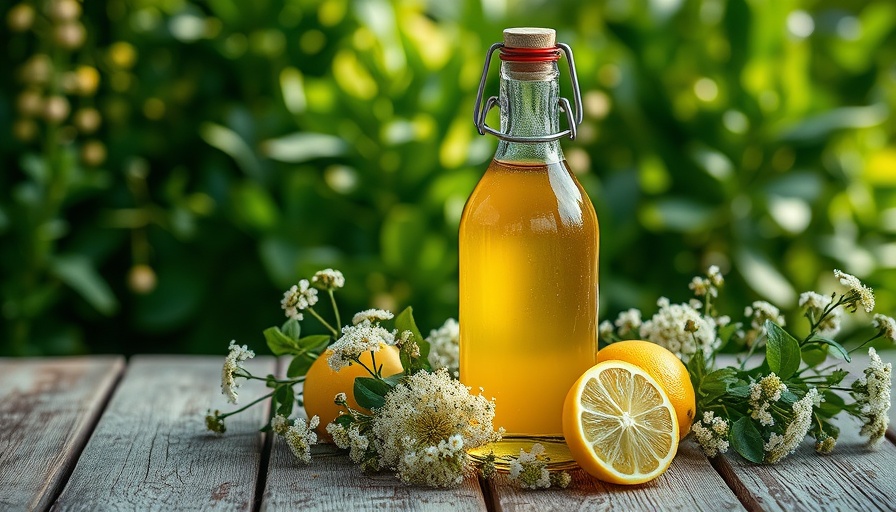 Elegant elderflower syrup bottle with lemons and flowers on table.