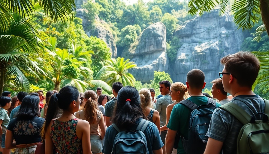 Tourists listening to guide in Colombian Amazon forest scenery.