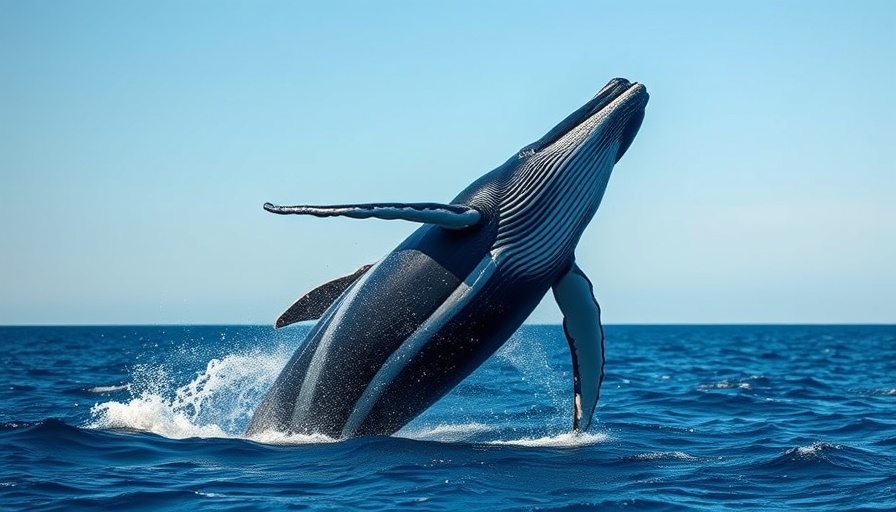 Humpback whale leaping in the ocean under a clear blue sky.