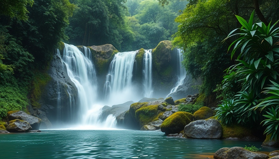Cascading waterfalls in lush jungle, sustainable tourism Luang Prabang.