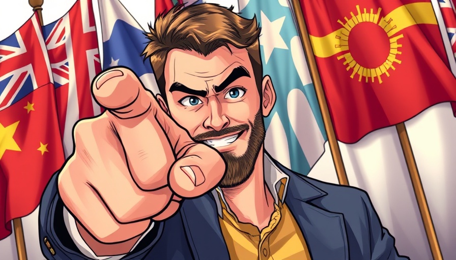 Illustration of a man pointing confidently amid flags addressing Trump's new travel ban.