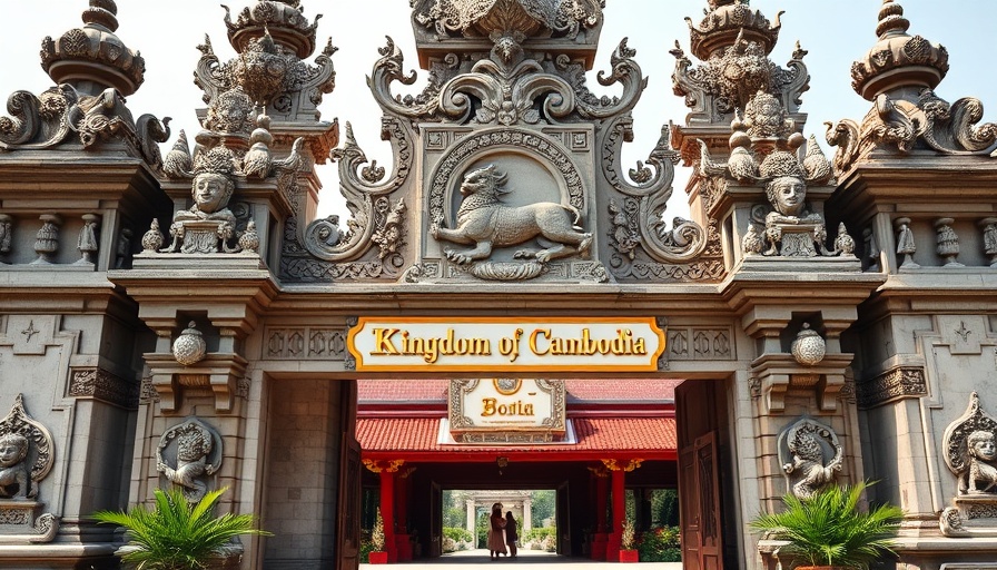 Cambodia border entrance sign, tourism impact, daylight photo