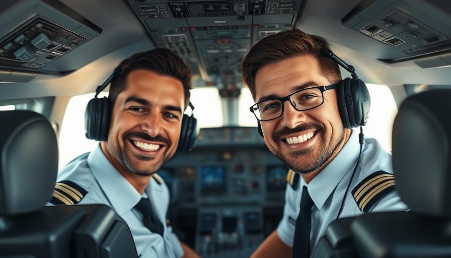 Pilots in a cockpit addressing pilot scarcity issues, smiling, engaging with control panels.