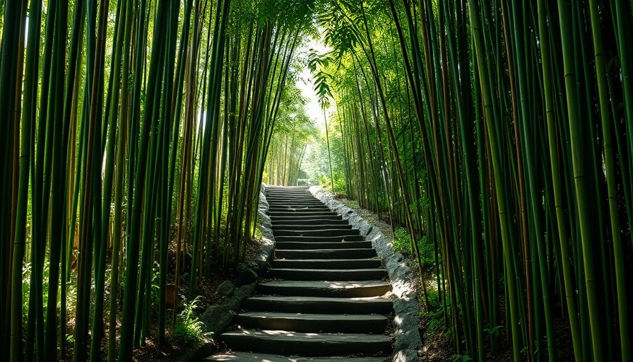 Winding stone path in lush bamboo forest, highlighting sustainable travel in Japan.