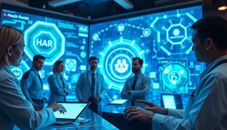 Futuristic AI in healthcare presentation with tech experts and holograms.