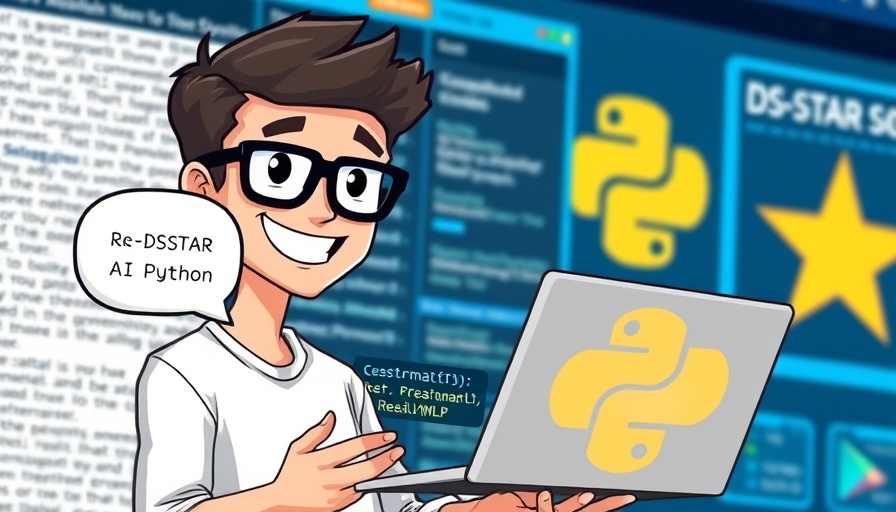 Illustration of AI learning platform interaction with Python code and DS-STAR symbol.