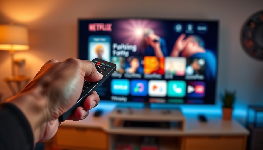 Close-up of hand with remote pointing at TV streaming interface.