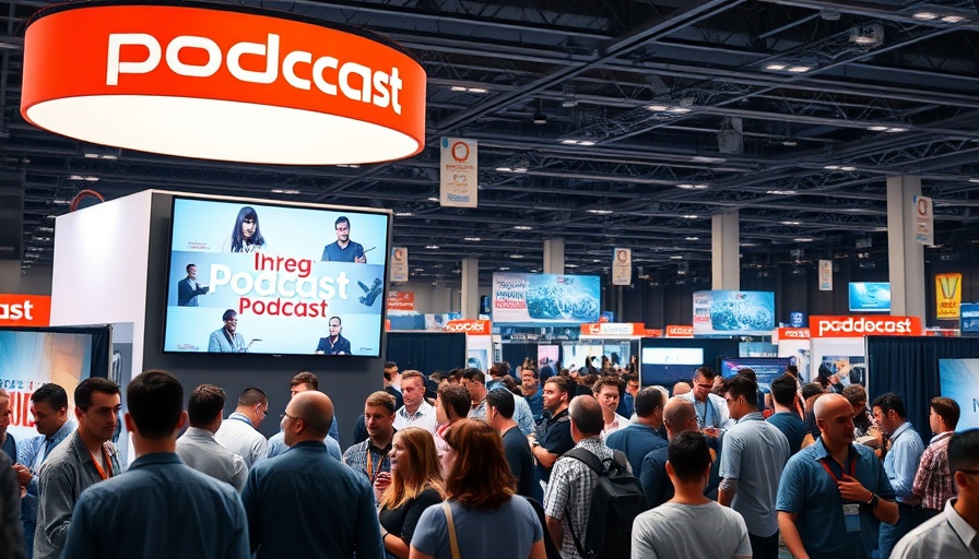 Podcast creator payout discussion at a vibrant convention scene.