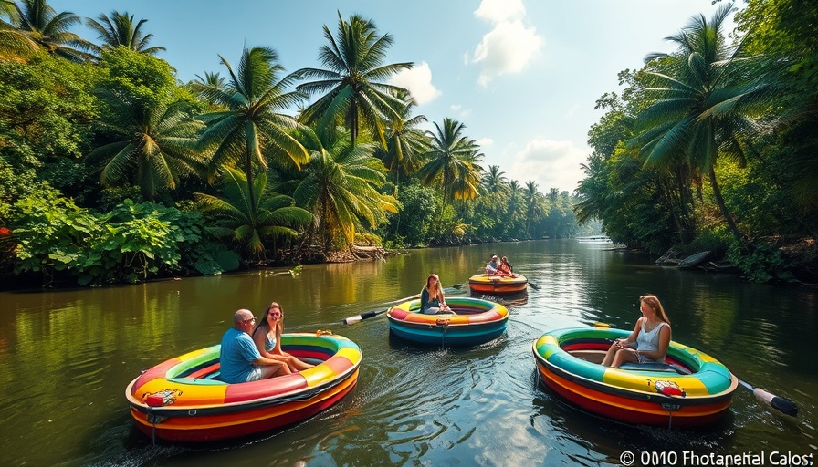 Tourists in circular boats on a lush Vietnam river, highlighting sustainable tourism.