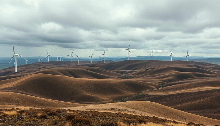 Wind farm landscape with turbines on hills under cloudy skies, highlighting AUM growth for ESG and climate investments.
