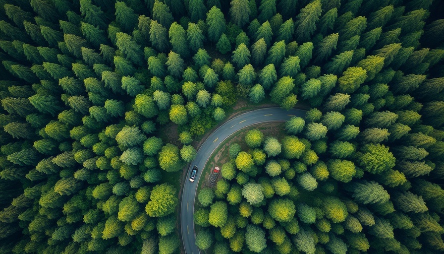 Aerial view of forest road with red car illustrating green finance regulatory developments.