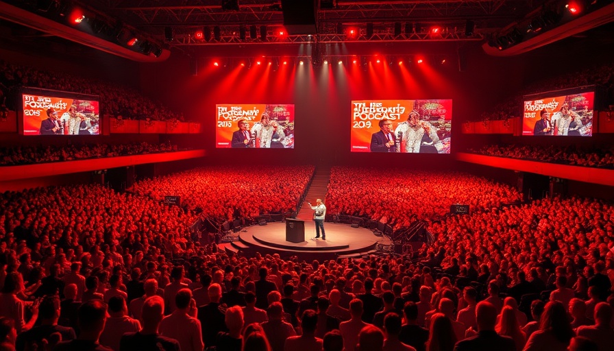 Live Podcasting Community Building event at a packed arena with speakers on stage.