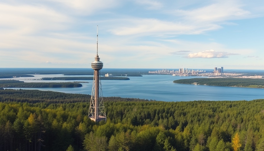 Panoramic view of Tampere with tower and lake, promoting sustainable stays.