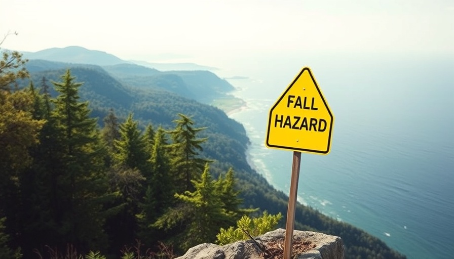 Fall hazard sign on cliff with ocean and forest view, symbolizing planning for your podcast's future.