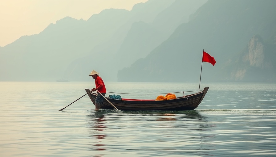 Fisherman with traditional boat in Asian waters, Asian Ocean Fund theme.