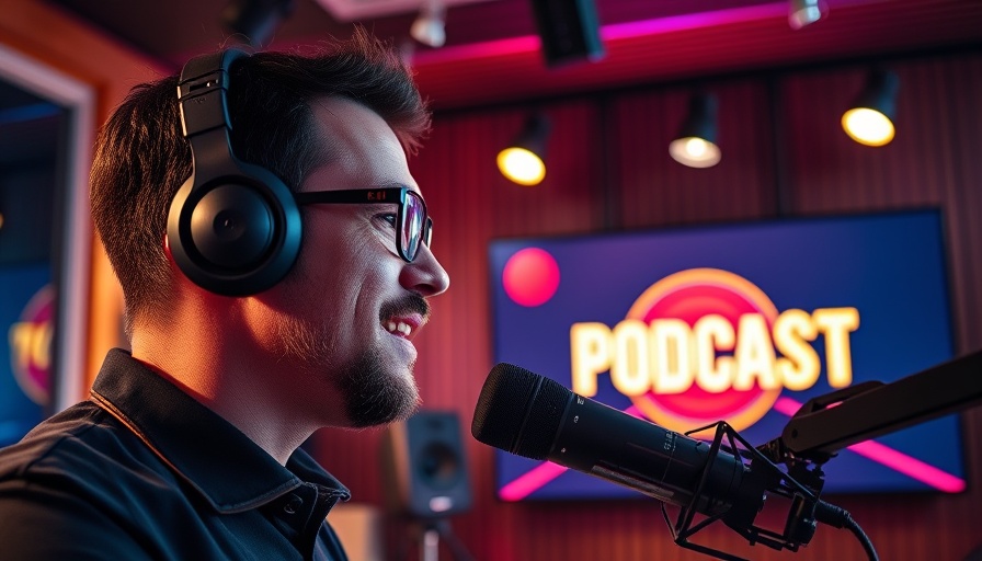 Podcast host speaking into microphone in media networking setting.