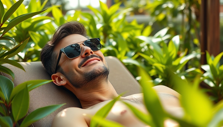 Relaxed man in sunglasses experiencing calmcation outdoors.