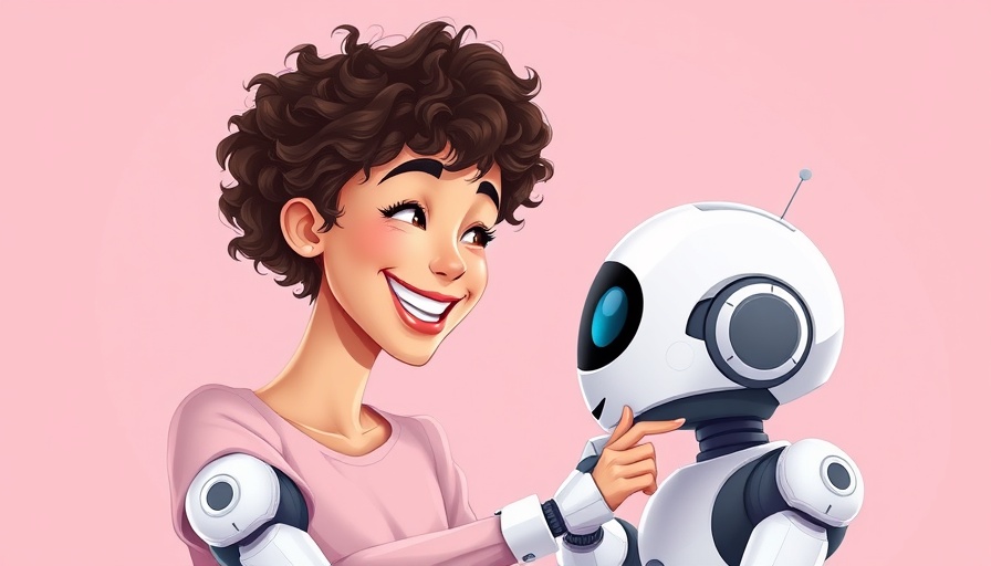Smiling woman interacting with AI robot, soft pink background.