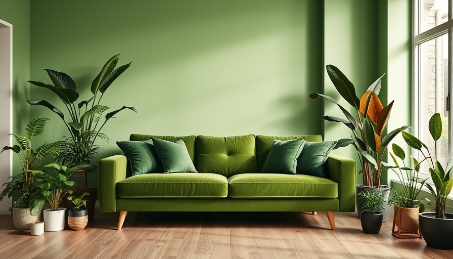 Sleek green-themed living room with plants and wooden flooring.