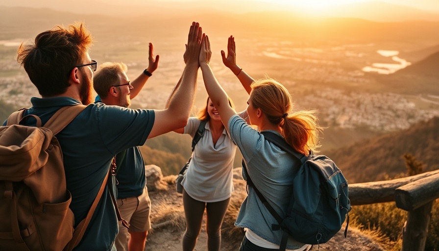 Hikers high-five at sunset on Jubilee Pilgrimage Routes 2025.