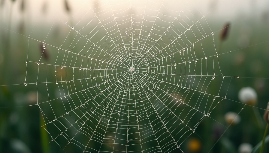 Intricate spiderweb with dewdrops in a misty meadow at dawn, symbolizing interconnectedness in AI in Social Change.