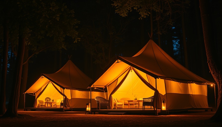 Glamping tents at night in forest, emphasizing managing risks in eco-tourism.