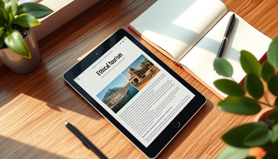 Tablet on desk showing article about best alternative platforms for ethical tourism.