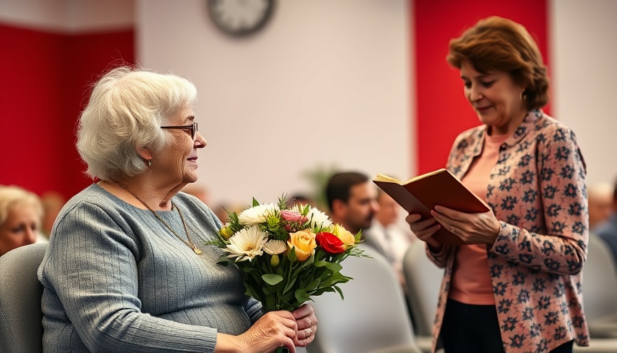 St. Louis educators recognition event with two women, one seated with flowers.