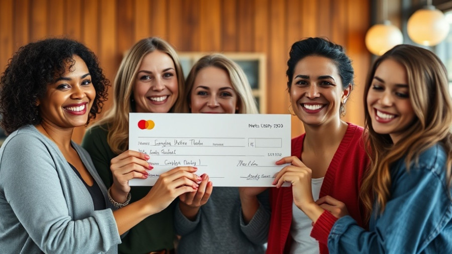 Cheerful women holding a check indoors in St. Louis.