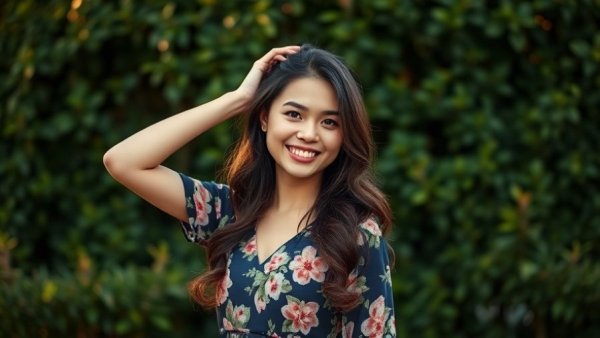Charming young woman outdoors enjoying the lush greenery.