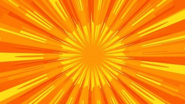 Colorful sunburst design with orange and yellow rays.