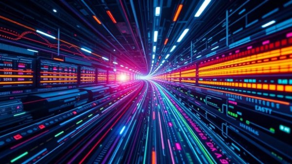 Futuristic depiction of Dynamic Line Rating technology with neon lines.