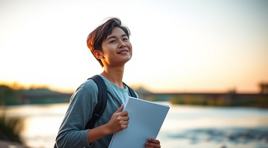 Young adult focused on protecting drinking water, hopeful expression by a softened river.