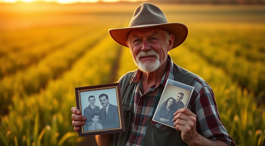 Proud Missouri farmer holds family photo in golden hour light, showcasing agricultural heritage.