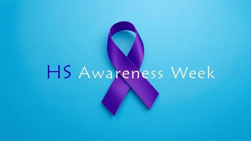 Photorealistic image of a purple awareness ribbon for HS Awareness Week on a blue background.