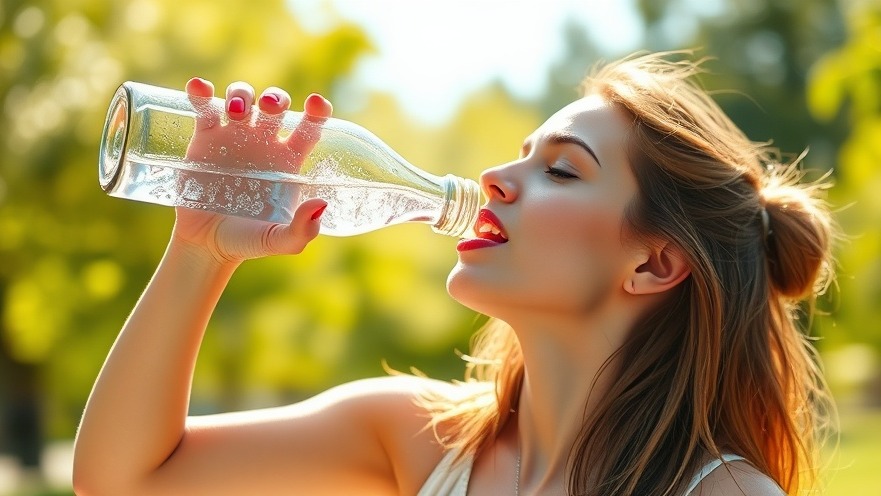 Young woman enjoying sparkling water outdoors, promoting skin health and refreshment.