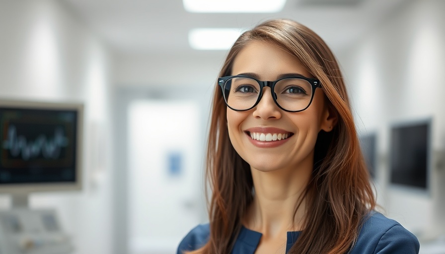 Confident professional woman in clinical setting, skin science.