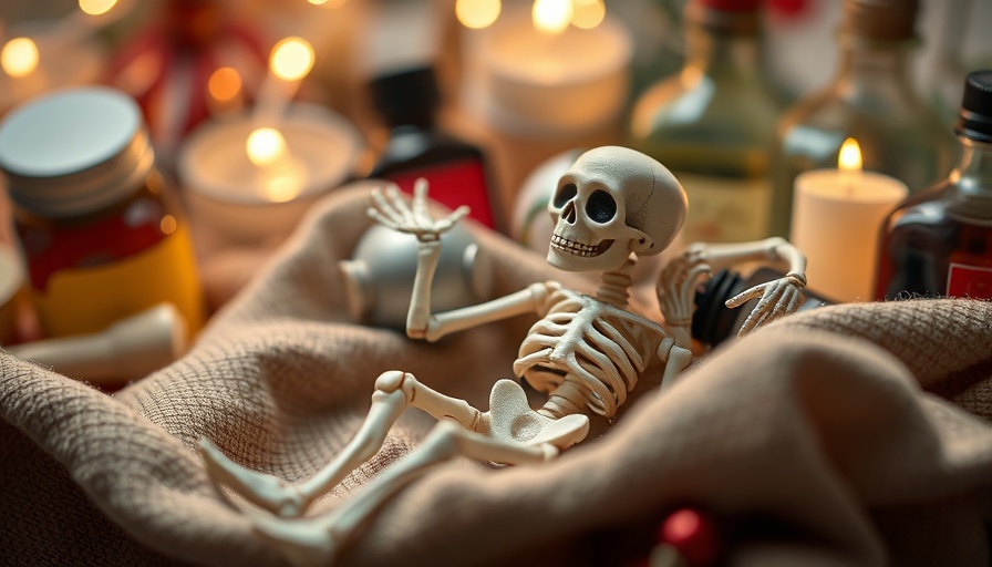 Playful small skeleton in festive decor.