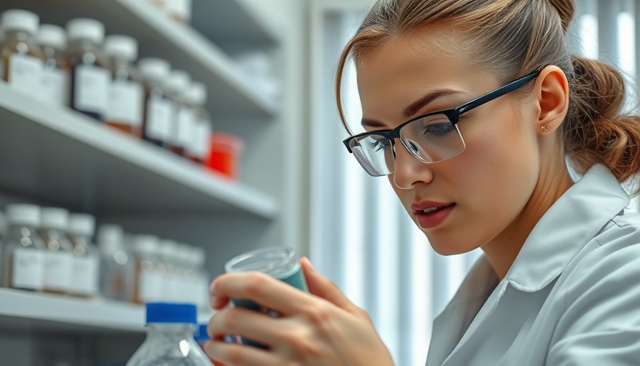 Scientist examining bottles in laboratory, highlighting skincare research.