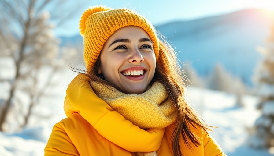 Joyful woman in yellow winter clothes enjoying sunlight, reflecting vitamin D skin health.