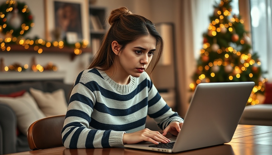 Stressed woman with laptop during holidays, skin stress connection holiday scene.