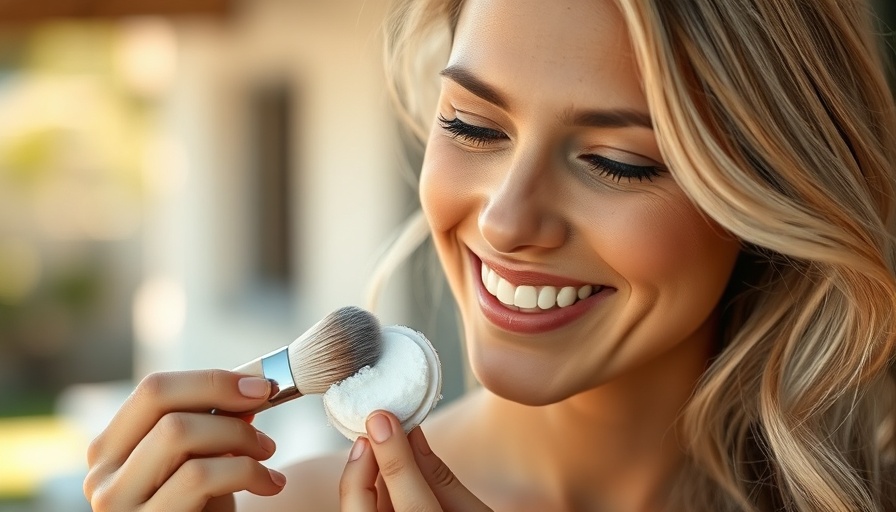 Smiling woman applying mineral vs. chemical sunscreen with brush.
