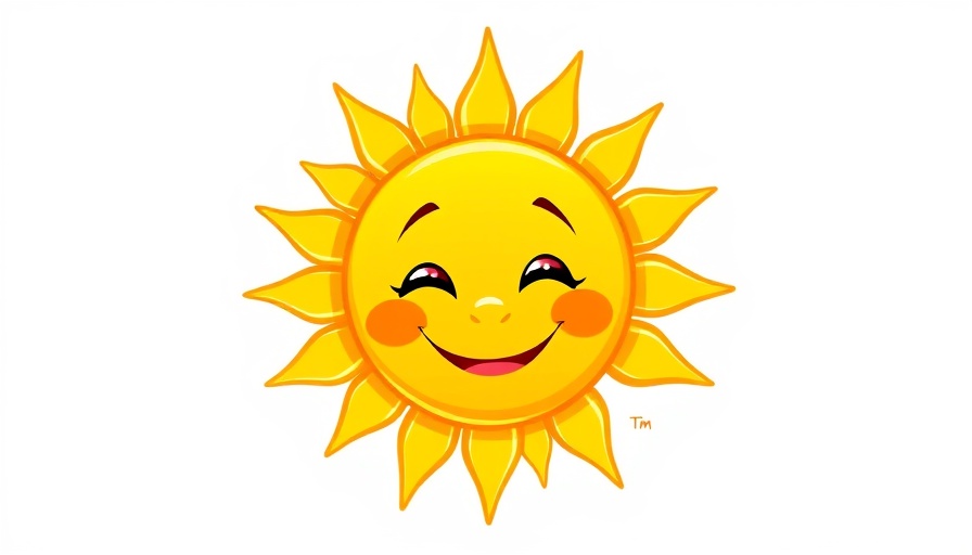 Cartoon sun smiling, bright yellow and orange with rays.