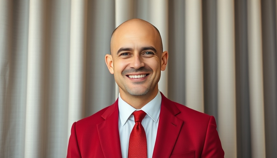 Bald man in red suit smiling, standing against curtain backdrop
