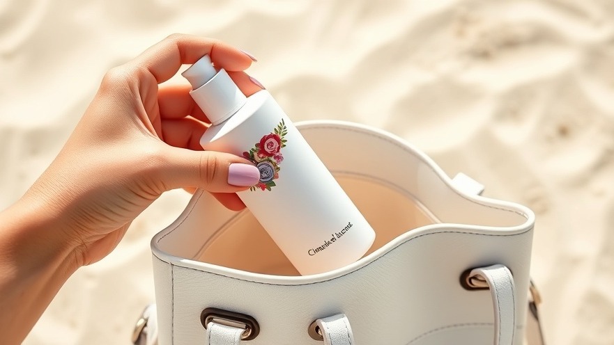 Woman showcasing glowing skin tips at home with skincare bottle by the beach.