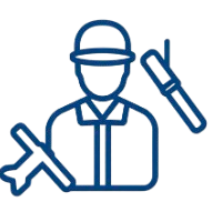 Minimalist dark blue icon to hire a trade contractor on white background.