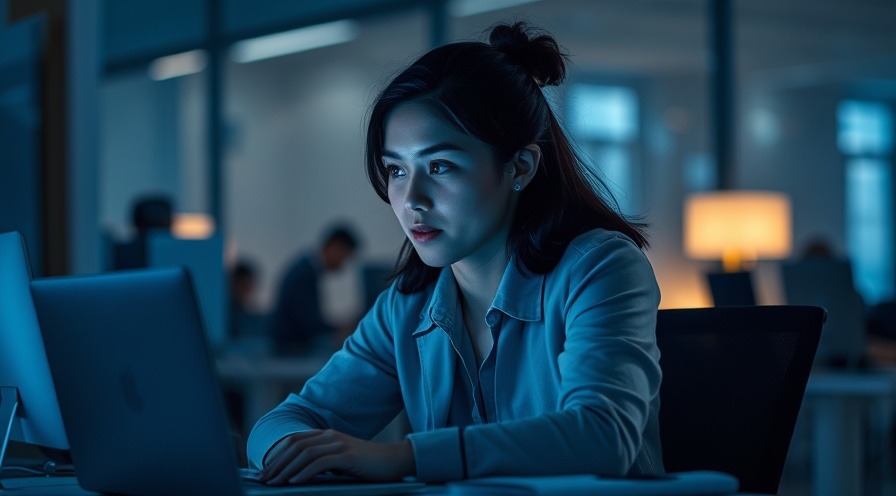 Thoughtful university staff with laptop, ambient tech icons, cool blues and soft grays.